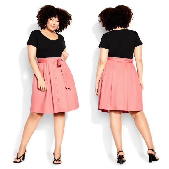 City Chic Uptown Dress Short Sleeve Paperbag Belted Colorblock Black Pink NWT 18 - Picture 1 of 8